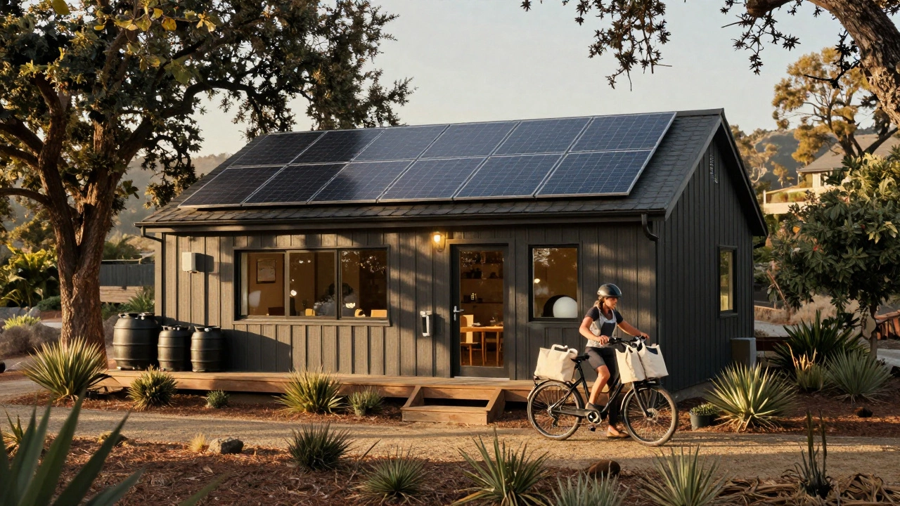 A modern eco-cottage in Sonoma with solar panels, rain barrels, and native plants, surrounded by oak trees and natural light.