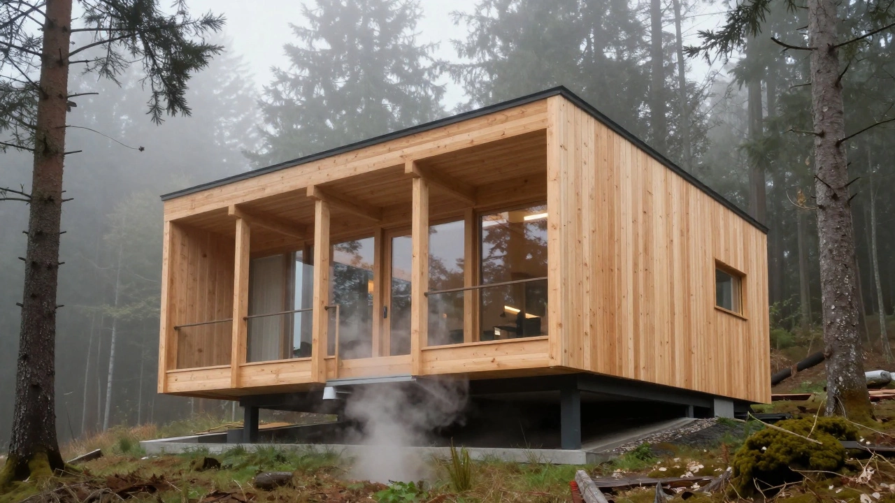 A modern timber home in a forest with exposed wooden beams and large windows facing trees.