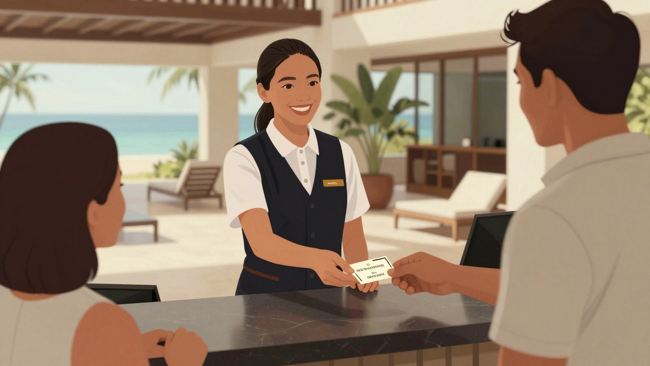 A resort staff member handing a guest a keycard for a free room upgrade in a nearly empty lobby during low season.