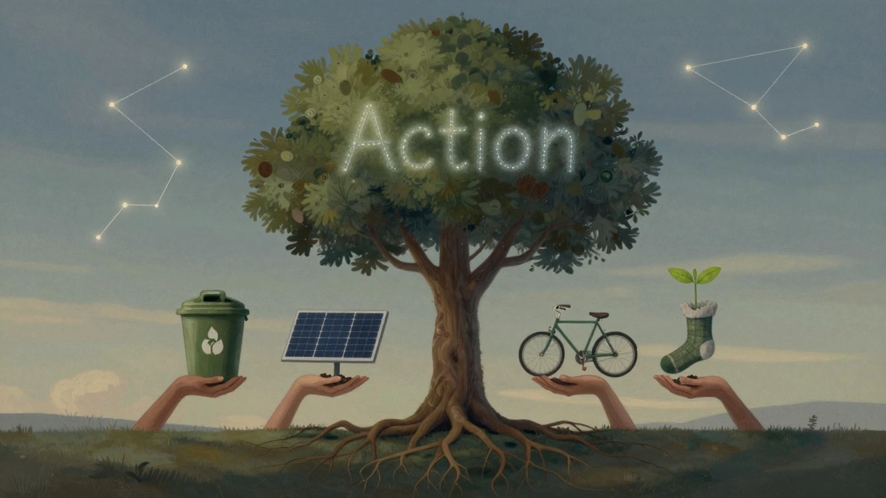 A symbolic tree with roots representing sustainable practices like composting, solar power, and mending clothes.