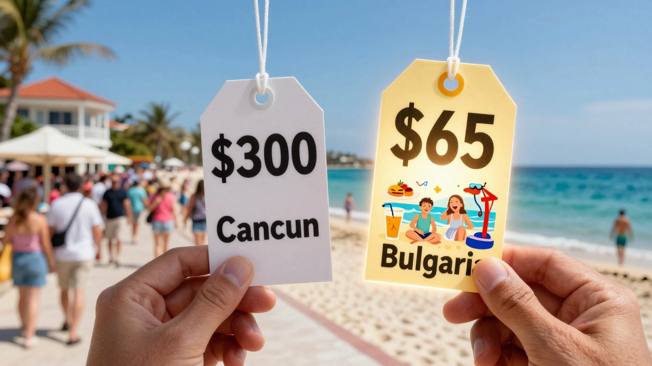 A traveler comparing expensive and budget all-inclusive holiday options with glowing value iconography.