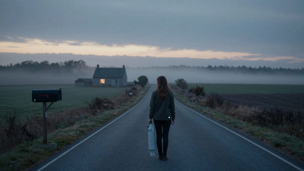 A woman stands alone on a country road at dusk with an oxygen tank, no cell signal.