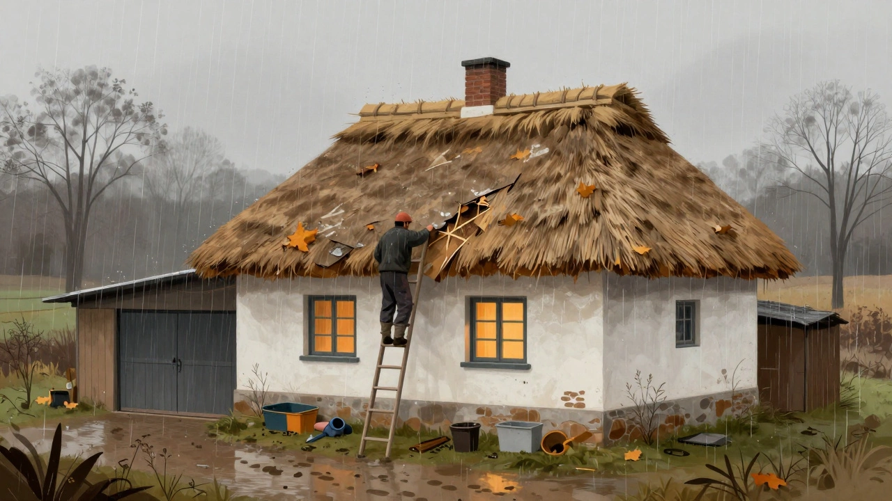 A worker repairing a thatched roof on a rural cottage under autumn rain.