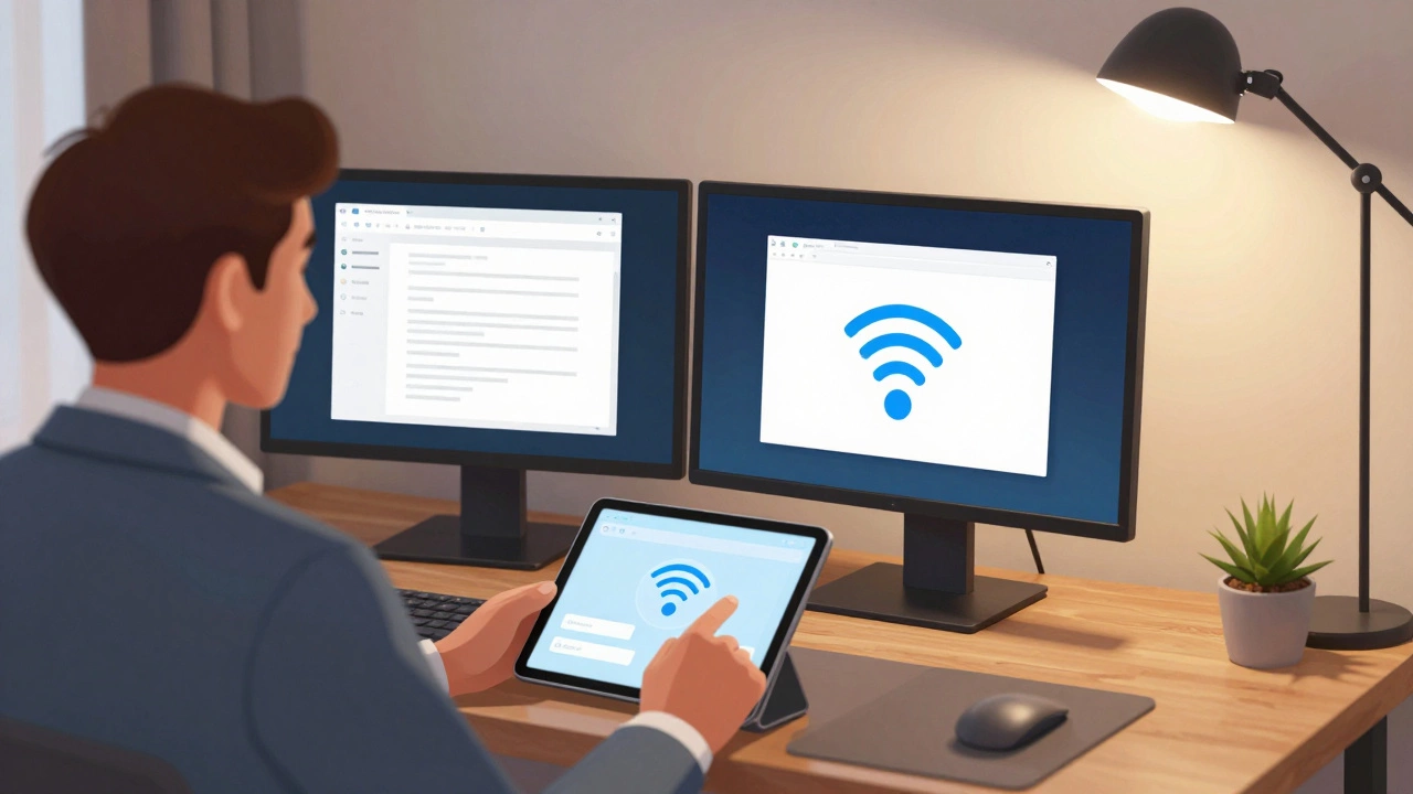 Business traveler using tablet to control smart room features in modern hotel room