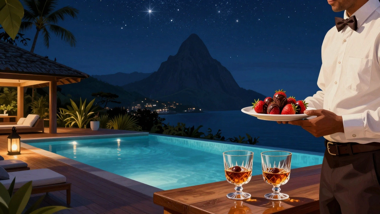 Luxury private plunge pool with premium drinks and gourmet snacks at a St. Lucia resort