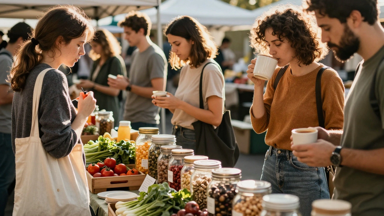 People shopping at a farmers market with reusable bags and bulk goods, surrounded by fresh produce.