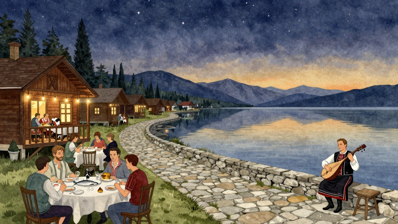 Quiet lakeside resort at dusk in North Macedonia with traditional cabins and folk music under stars.