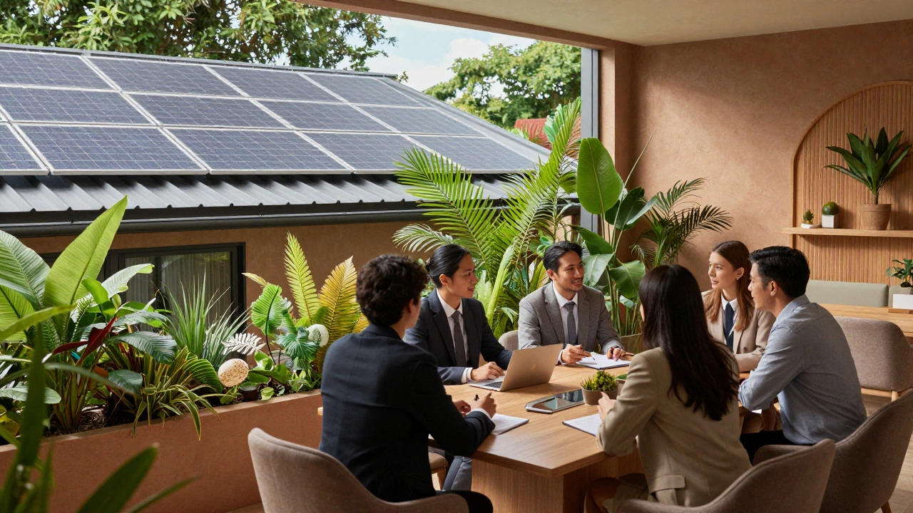 Sustainable hotel with solar panels and corporate meeting in eco-friendly conference room