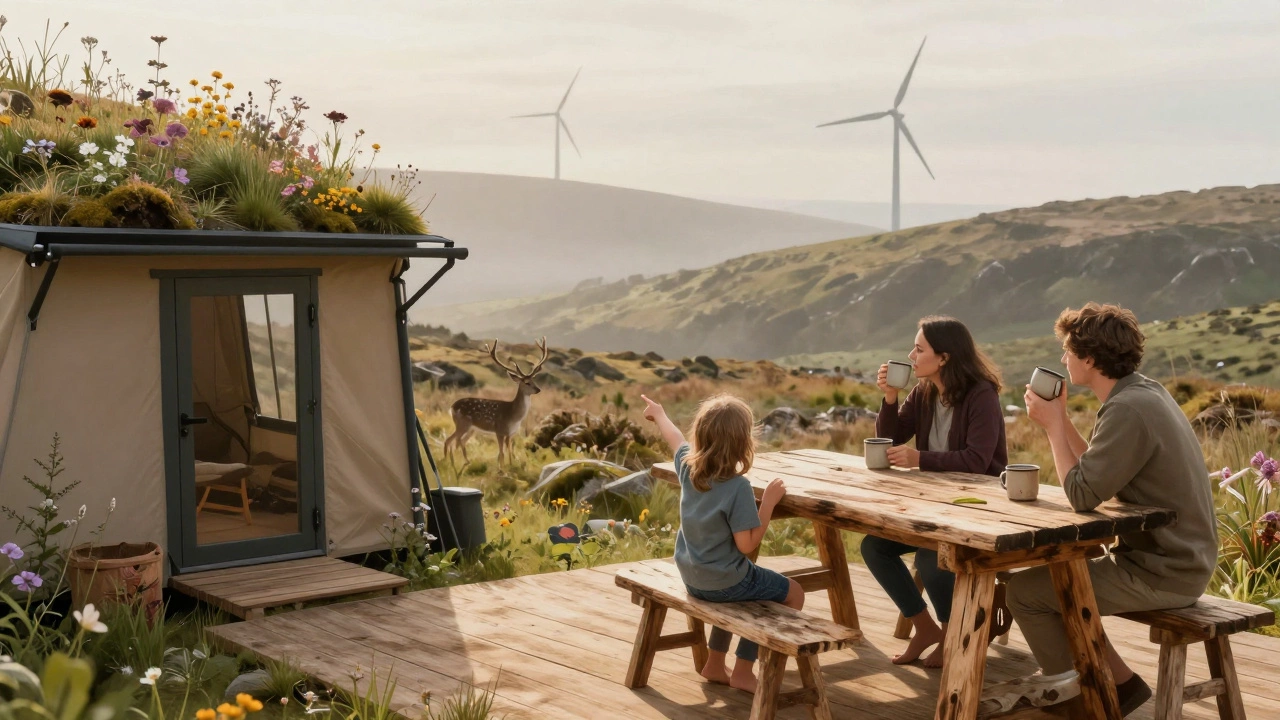 A family on a wooden deck at dawn, watching a deer in the distance, with a living roof blending into the hills.