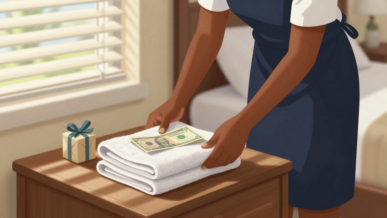 A housekeeper leaving a tip on a nightstand beside a welcome gift and folded towels in a resort room.
