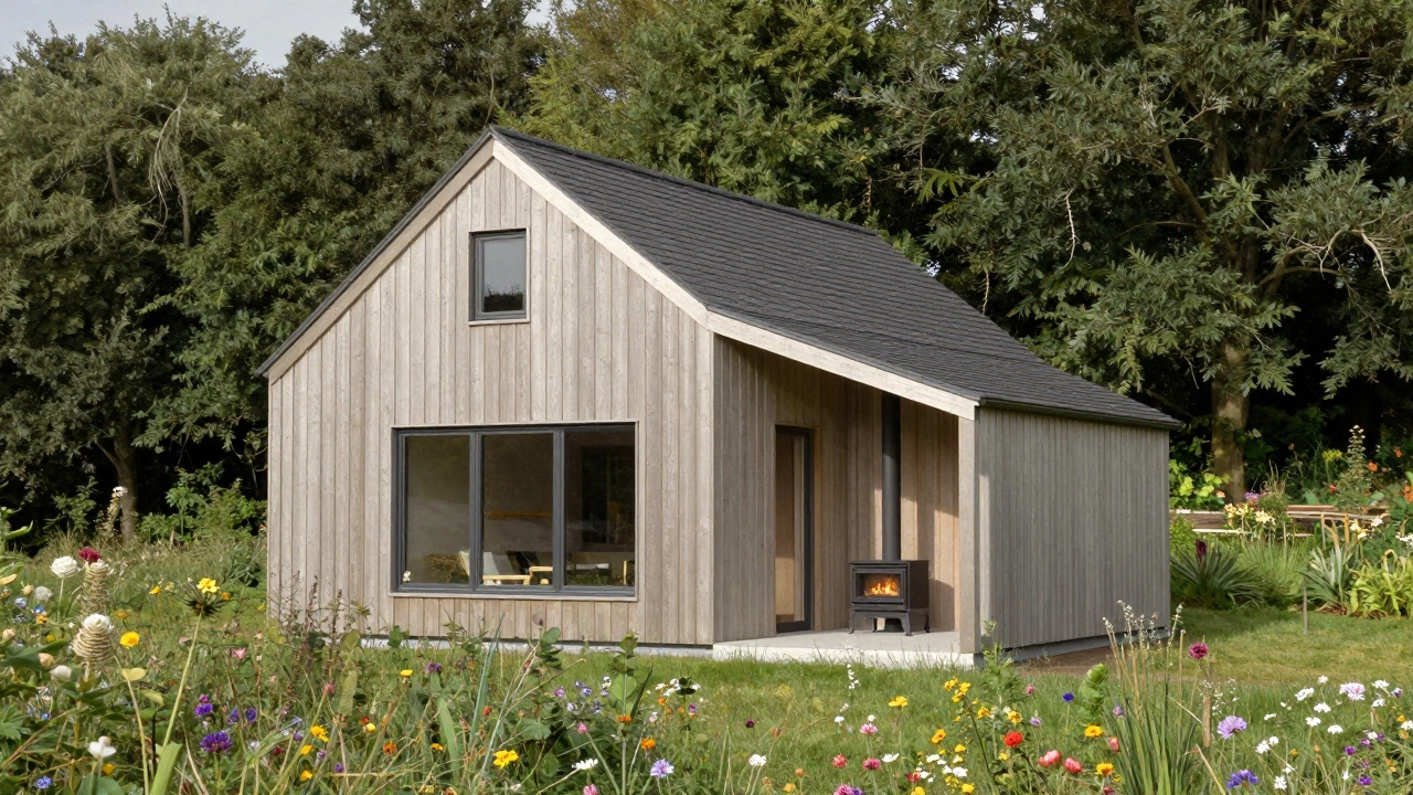 A modern cottage with clean lines and large windows, nestled beside a wildflower garden in rural England.