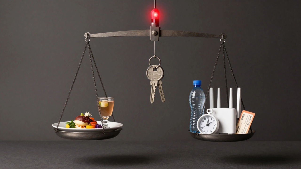 A room key on a scale balances included amenities against hidden fees like bottled water and babysitting.