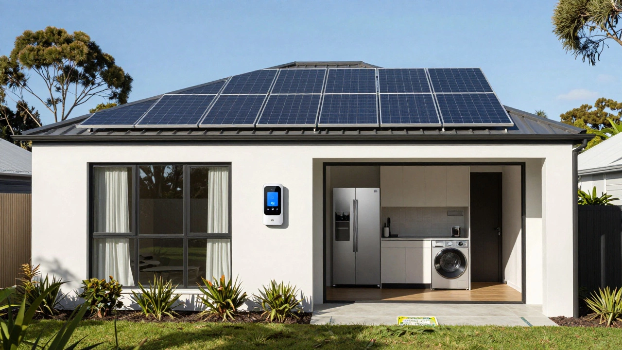 A solar-panel-covered home in Wellington with a smart energy meter, set against native bushland.