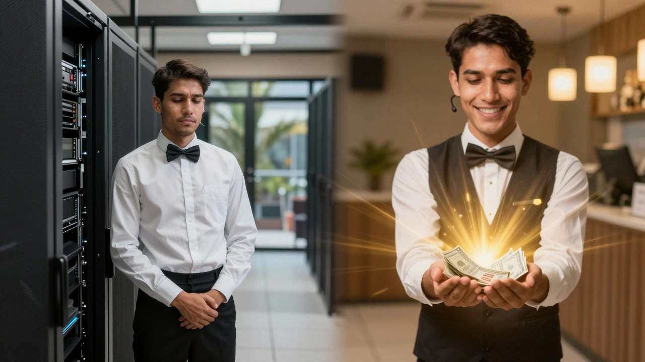 A split image showing a server’s transformation from weary to joyful as cash tips are given, symbolizing fair pay.