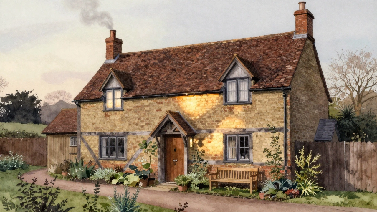 A traditional UK cottage with dormer windows and smoke rising from its chimney at dusk.