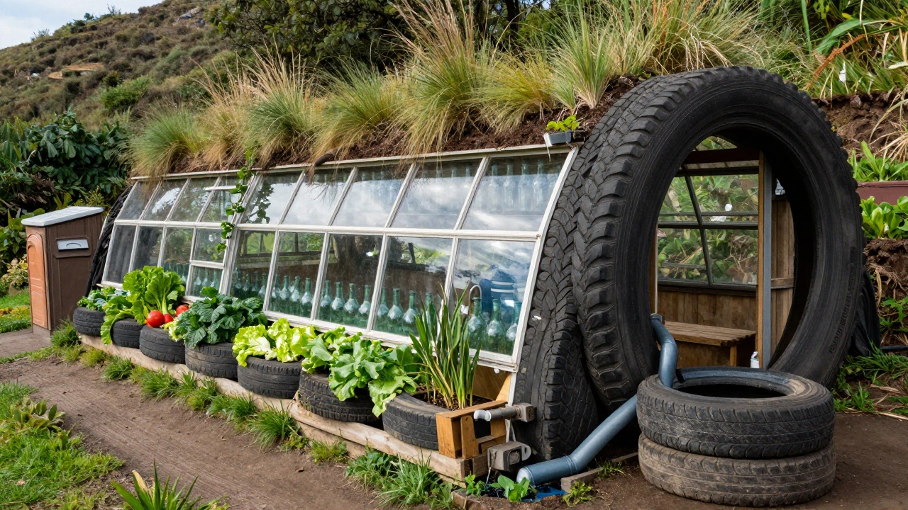 An Earthship home made of recycled tires and glass bottles, with a green roof and vegetable greenhouse.