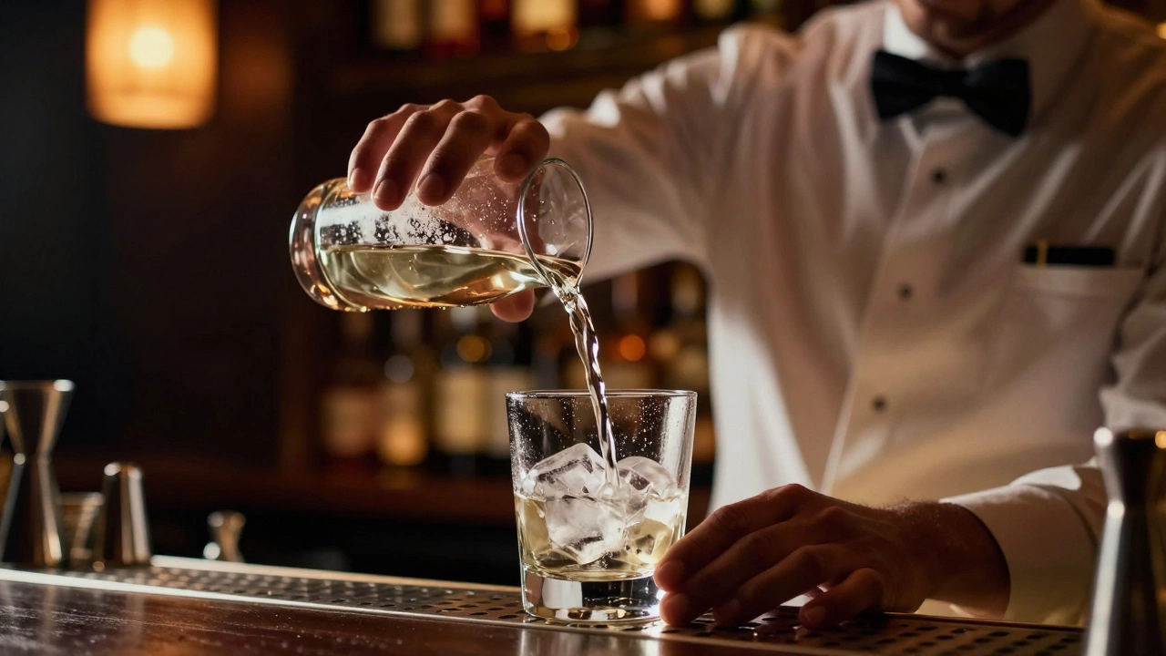 Bartender pouring a drink carefully in a dimly lit resort lounge