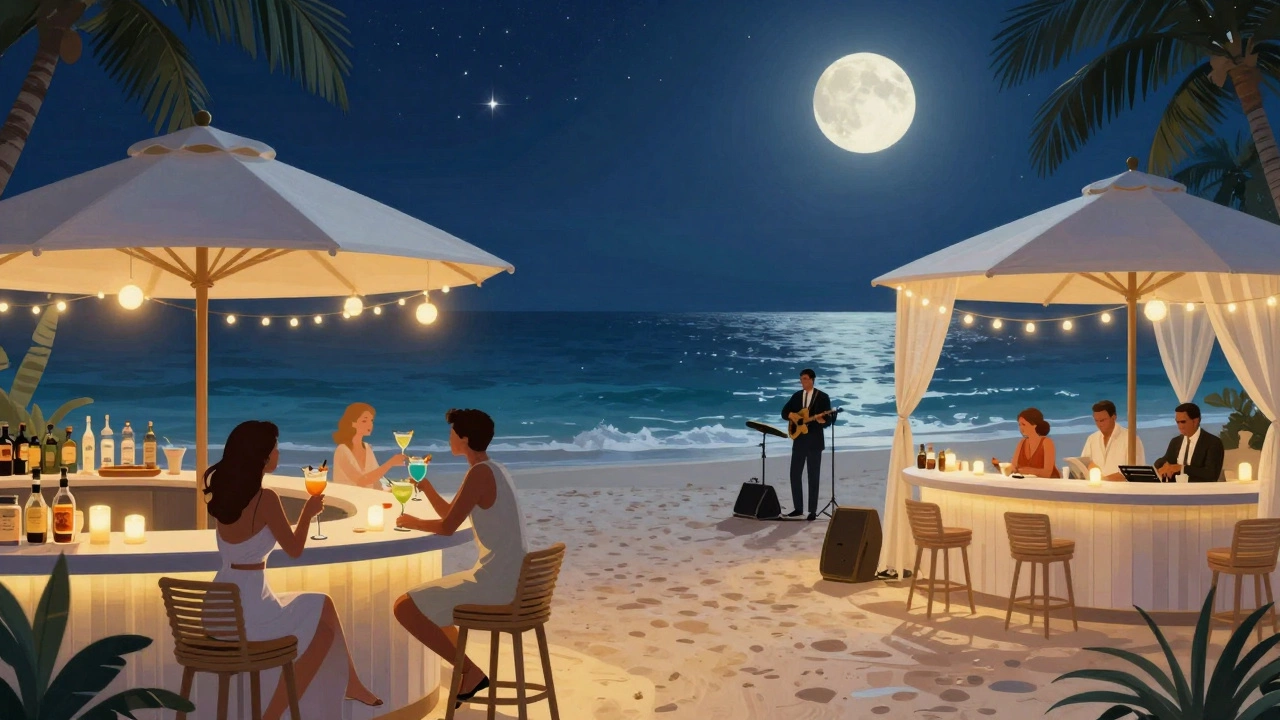 Couples enjoy cocktails on a moonlit beach at a luxury Jamaican resort with private cabanas and live music.