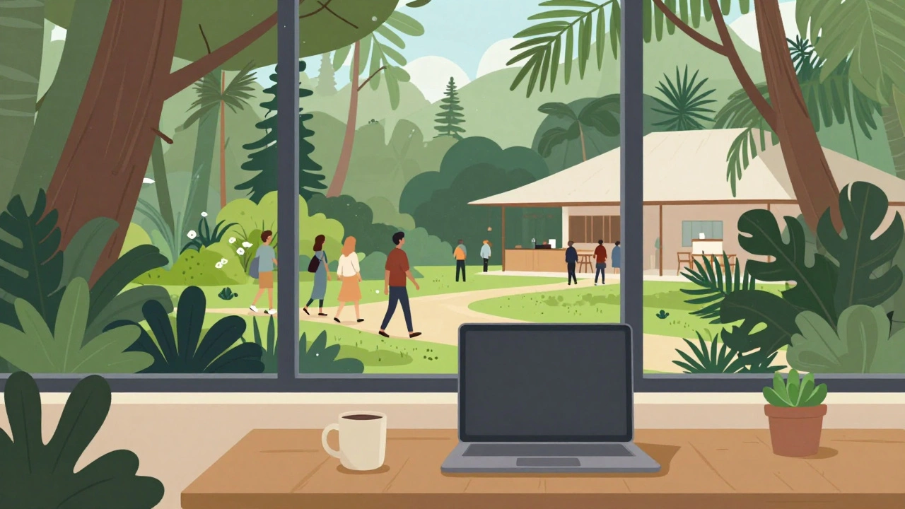 Cozy co-living workspace with laptop and garden view