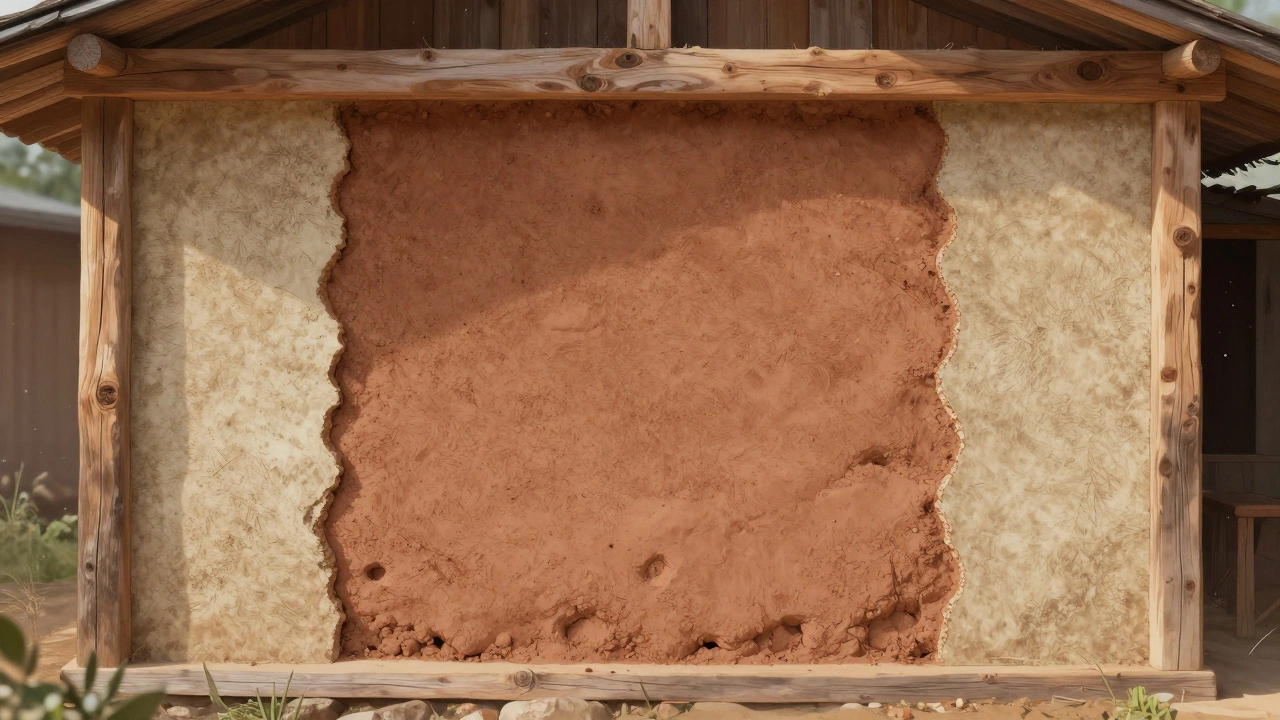 Cross-section of an eco-cottage wall showing rammed earth, hempcrete, and reclaimed wood layers.