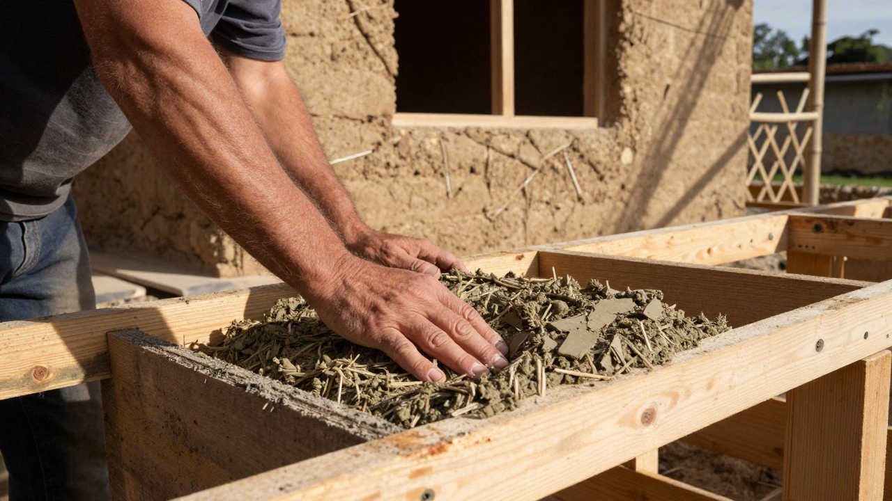 Hands pressing hempcrete into formwork beside a partially built eco-cottage.
