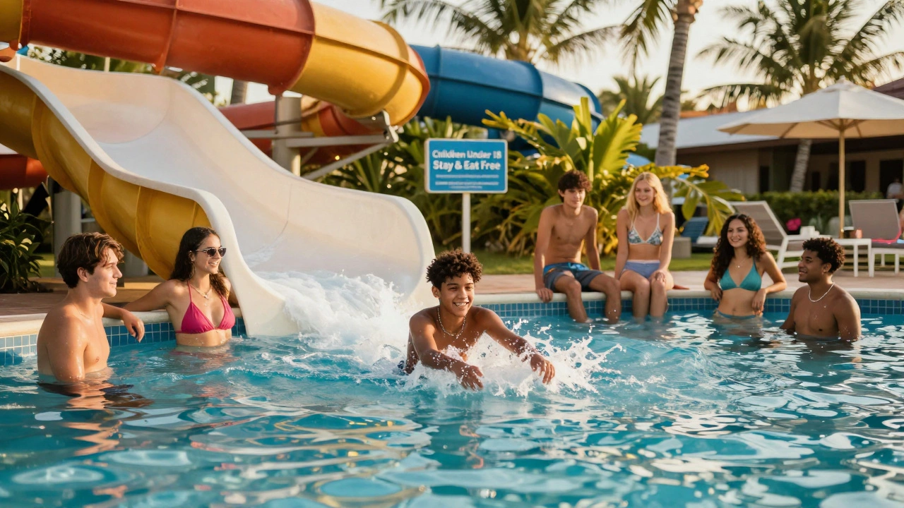 Teens and families enjoying pool at all-inclusive resort with child policy sign visible.