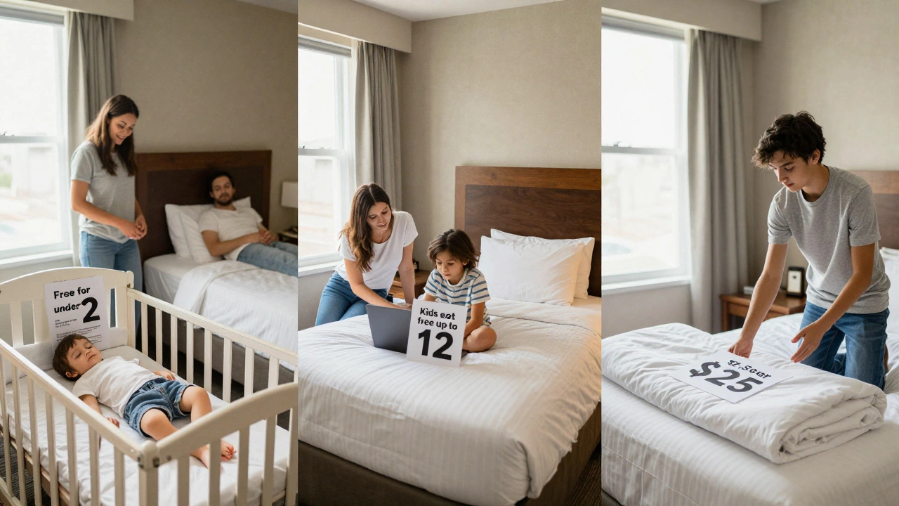 Three hotel room scenes showing child age policies for toddlers, young kids, and teens.