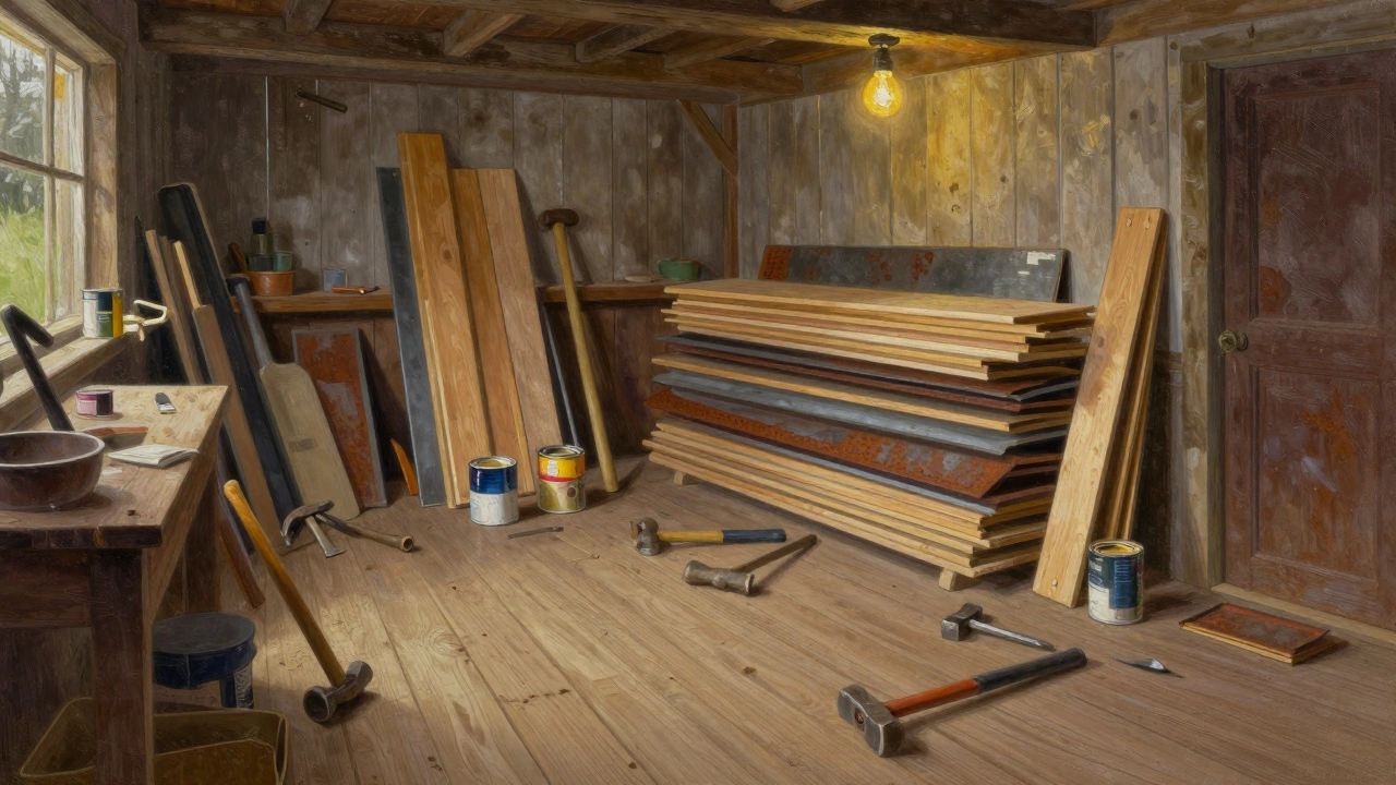 Tools and building materials in a rustic storage shed.