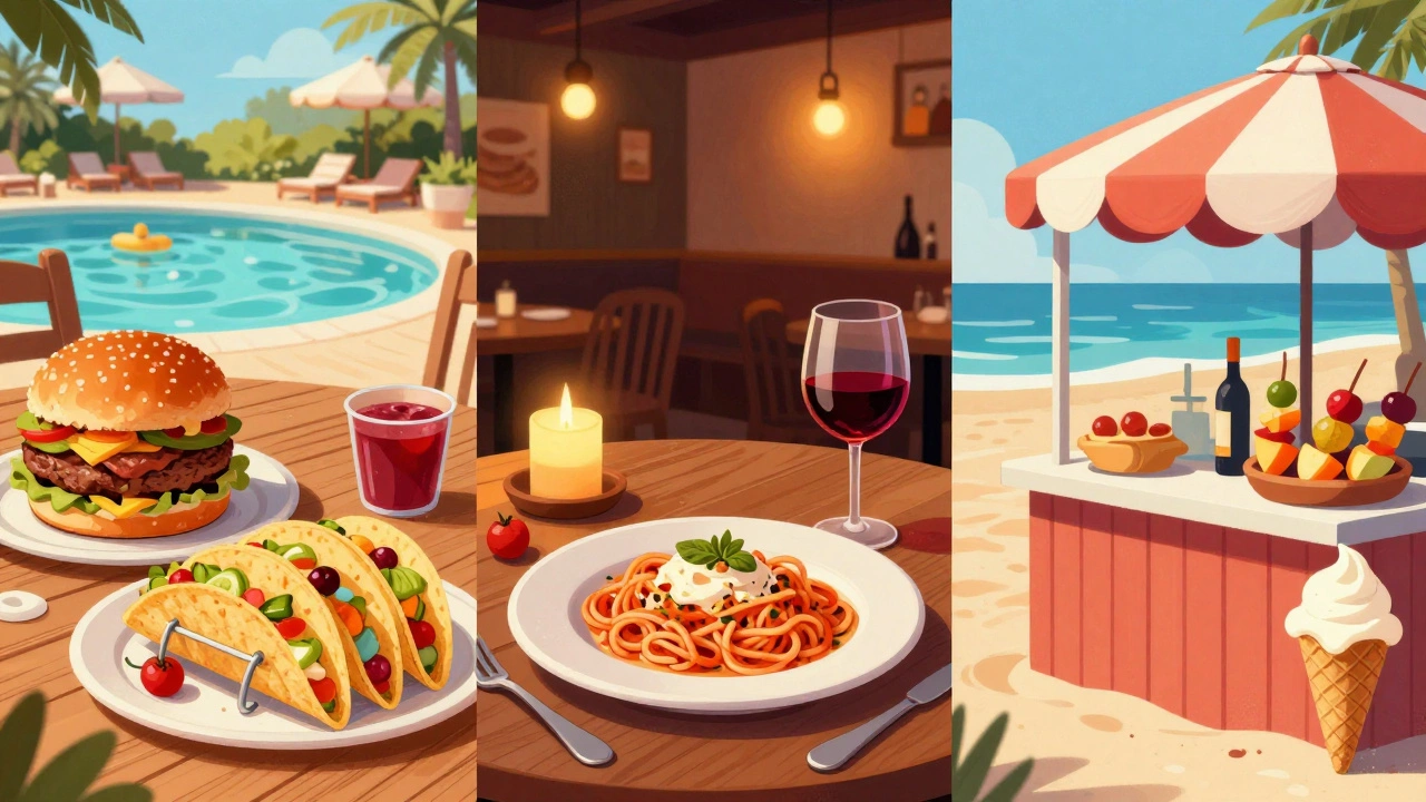A collage showing poolside lunch, a romantic Italian dinner, and beachside snacks.