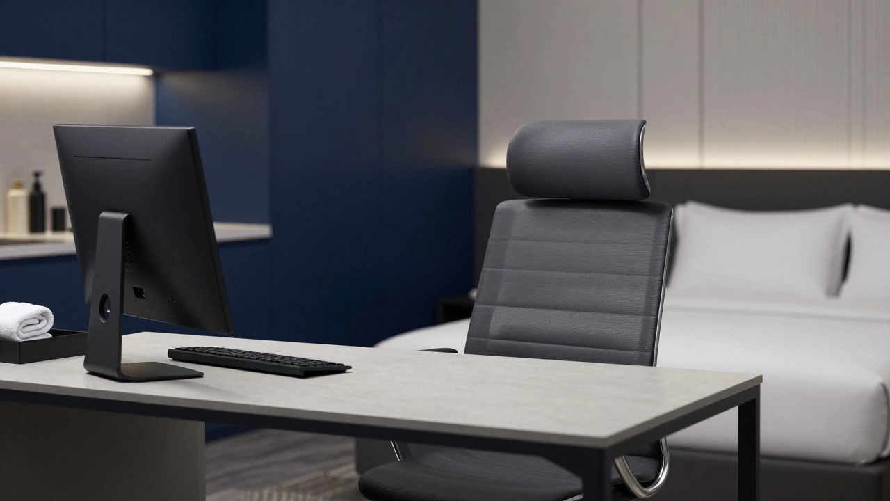 A luxury serviced apartment with a professional workspace and hotel-style amenities.