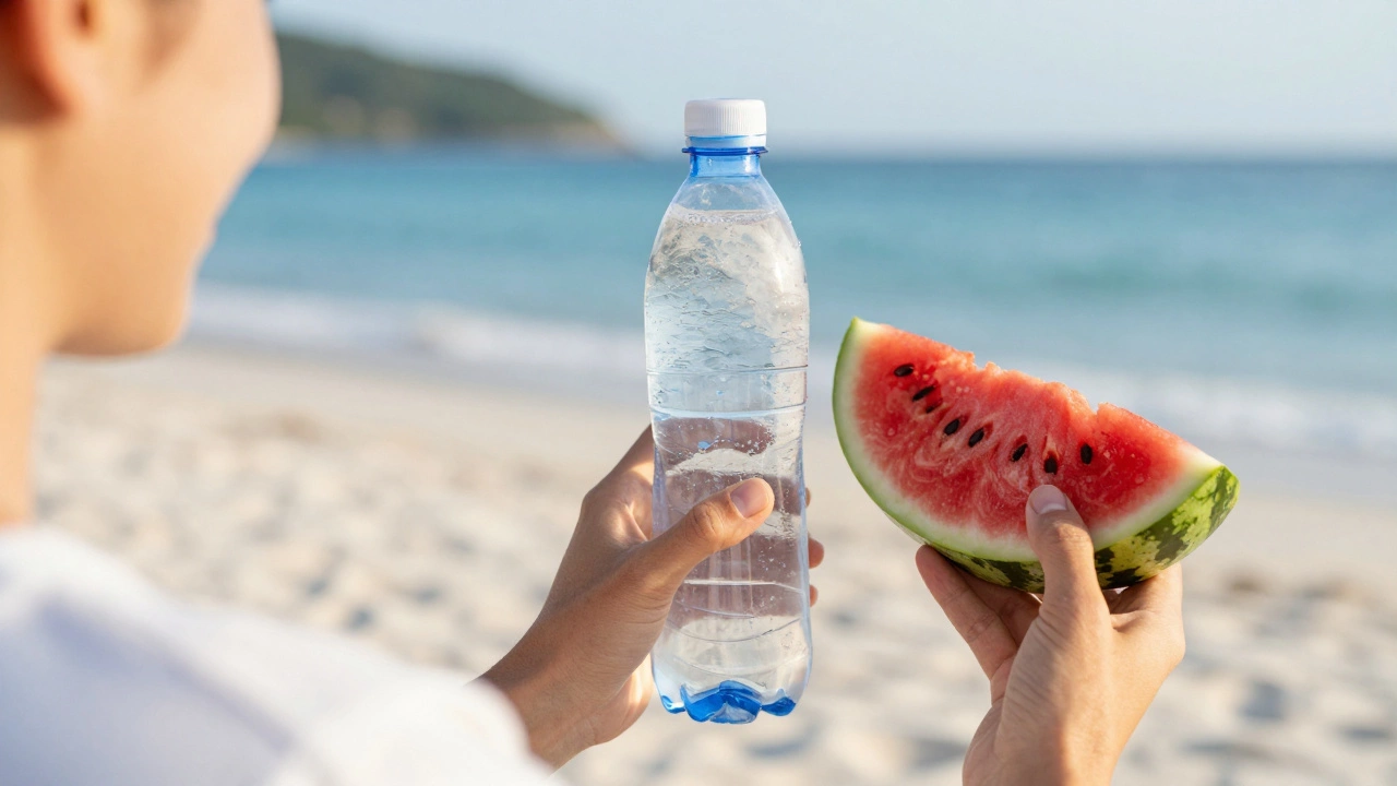 A refreshing bottle of water and watermelon on a tropical beach at sunset.