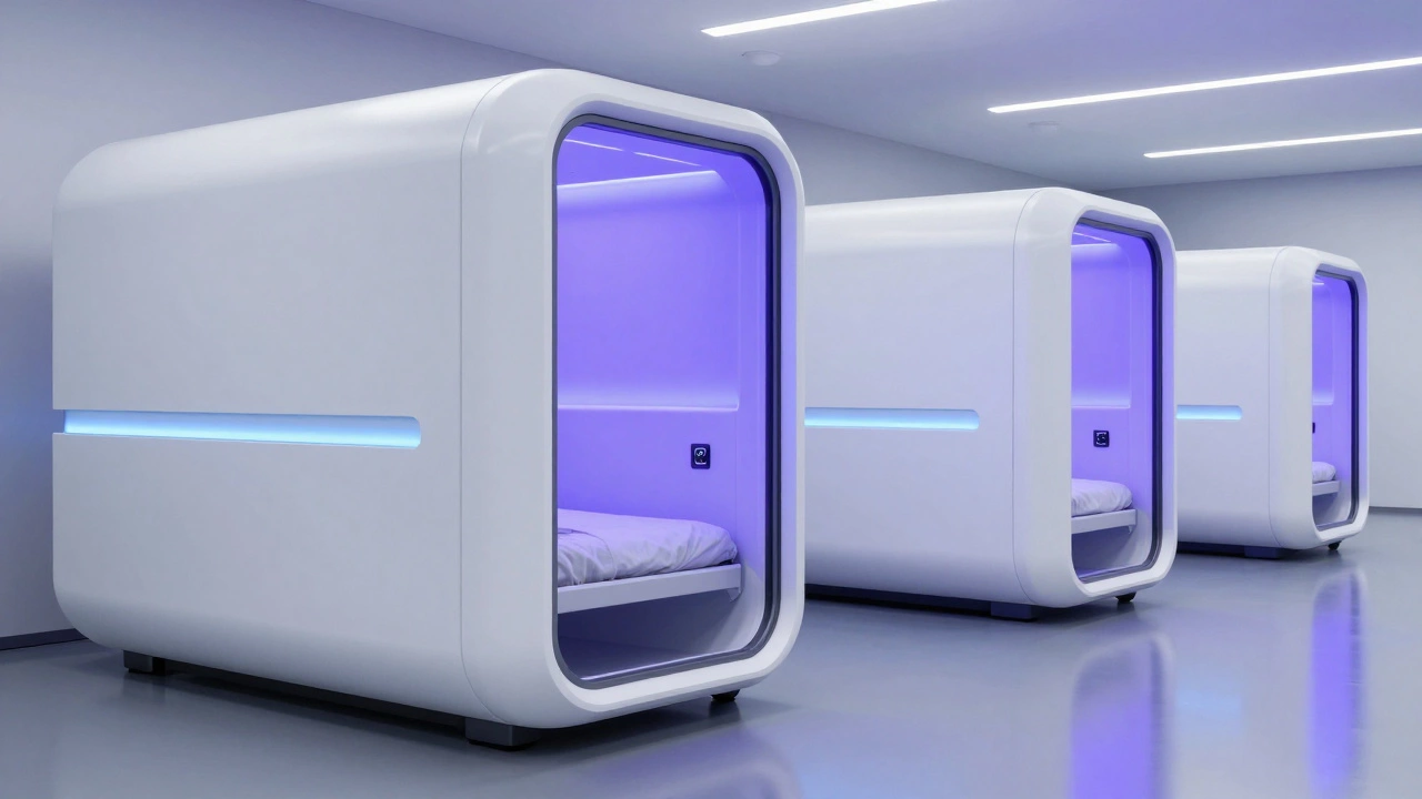 A row of modern, high-tech sleeping pods in a futuristic airport terminal