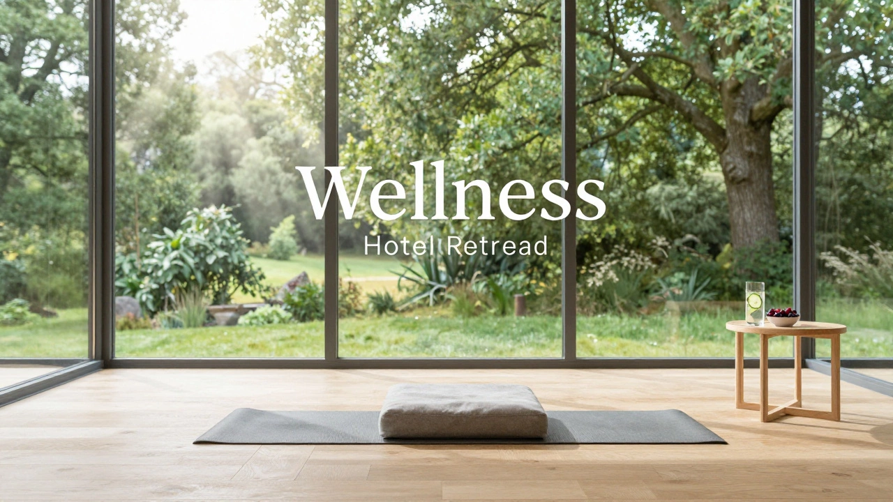 Bright, sunlit yoga studio with a view of a green forest for wellness.