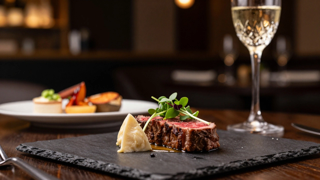 Close-up of a gourmet Wagyu beef dish in a high-end resort restaurant.