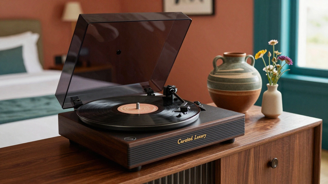Close-up of a vintage record player and artisan pottery in a stylized boutique hotel room.