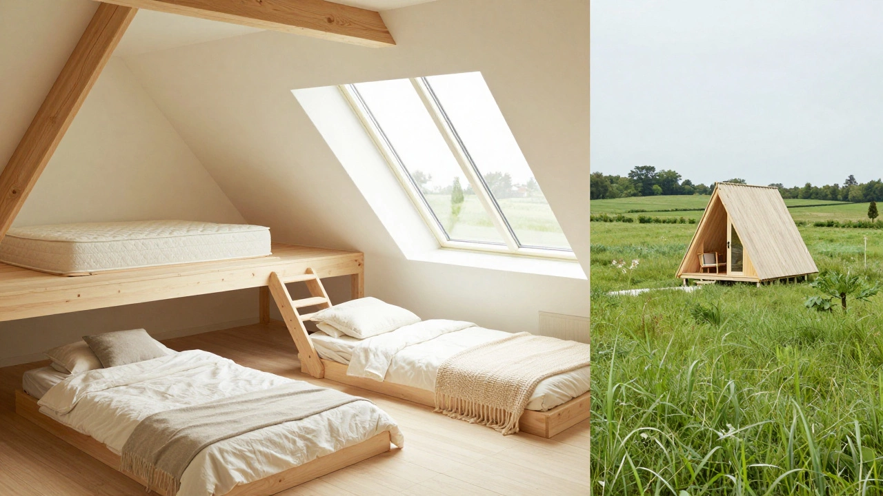 Collage of a cottage attic loft, a sunroom daybed, and a detached small cabin