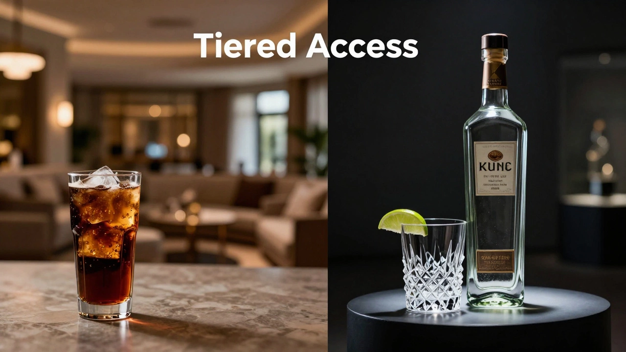 Comparison between a simple house drink and a premium luxury tequila bottle.