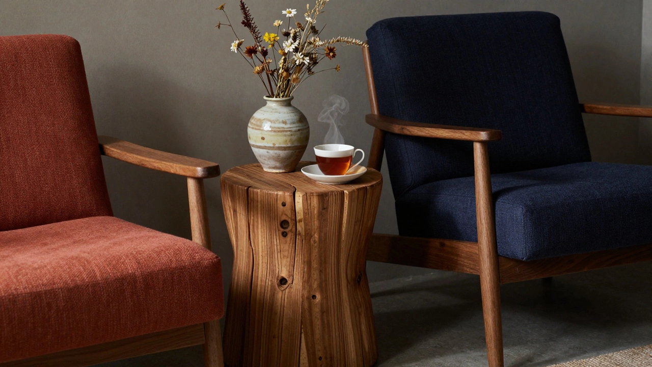 Curated home corner with a mid-century chair, reclaimed oak table, and handmade ceramic vase.