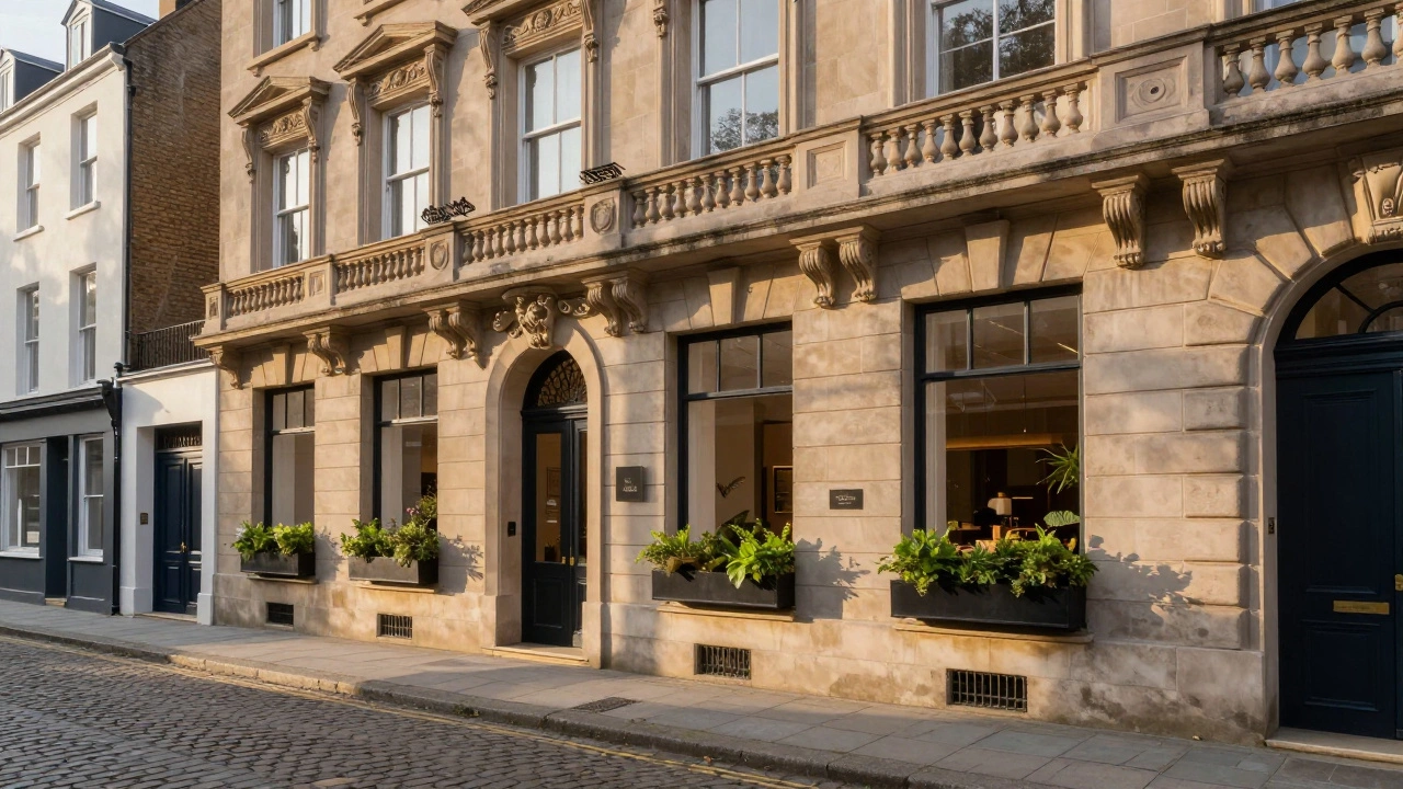 Historic 19th-century townhouse converted into a unique boutique hotel on a cobblestone street.
