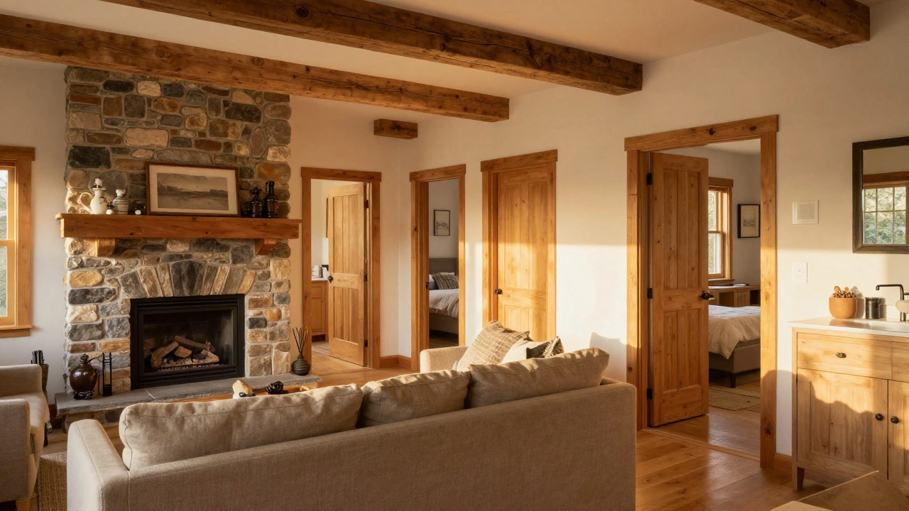 Interior of a family cottage showing a cozy living room and bedroom hallway