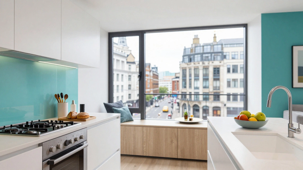 Interior of a modern city holiday apartment with a kitchenette and city view.