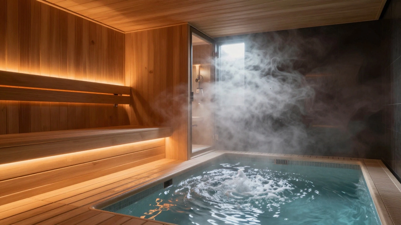Modern cedar wood sauna and a misty steam room in a dim hotel spa.