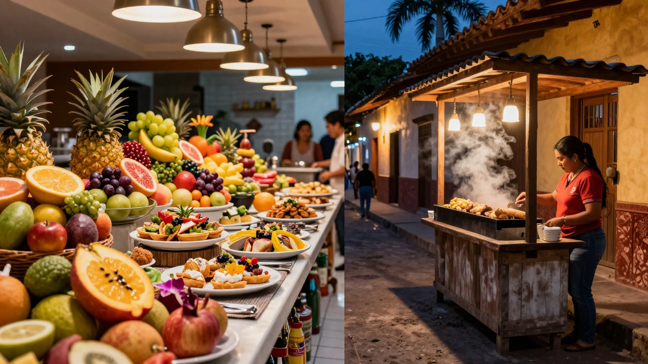Split view comparing a lavish resort buffet and an authentic local street taco stand.