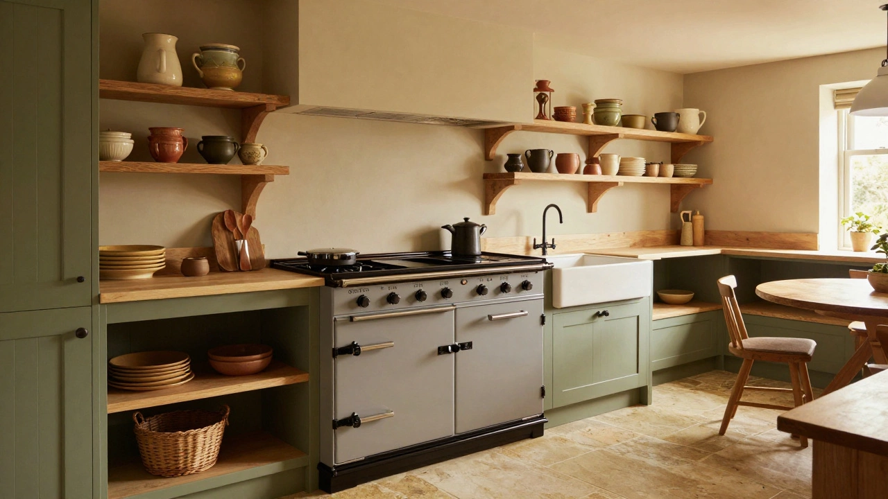 Warm country kitchen featuring a traditional Aga cooker, open wooden shelves, and a farmhouse sink.
