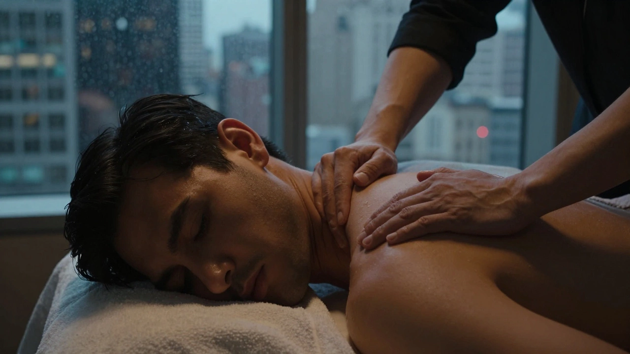 Business traveler getting a relaxing massage in an urban hotel spa