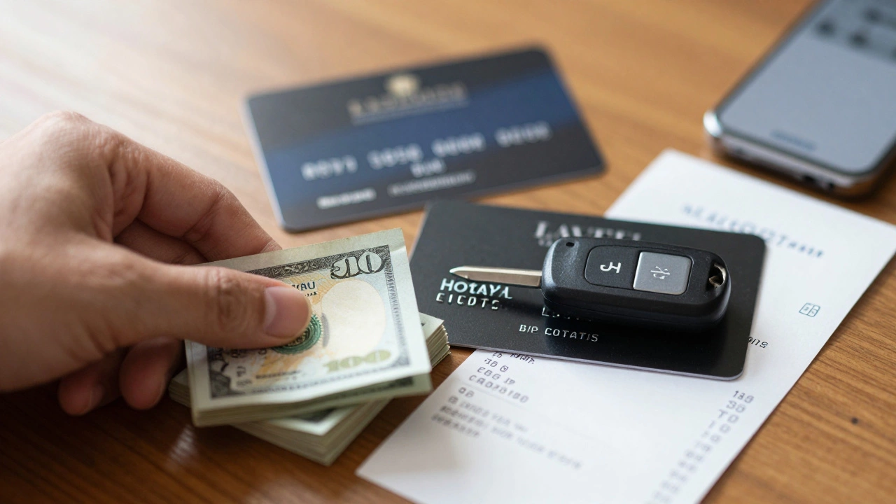 Cash tip placed next to hotel key card and loyalty membership card