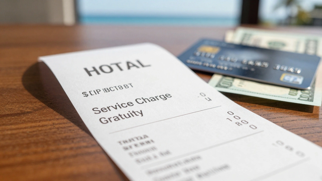 Close-up of hotel receipt showing service charges and tips