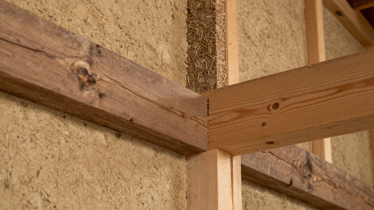 Close-up of reclaimed wood, rammed earth, and hempcrete