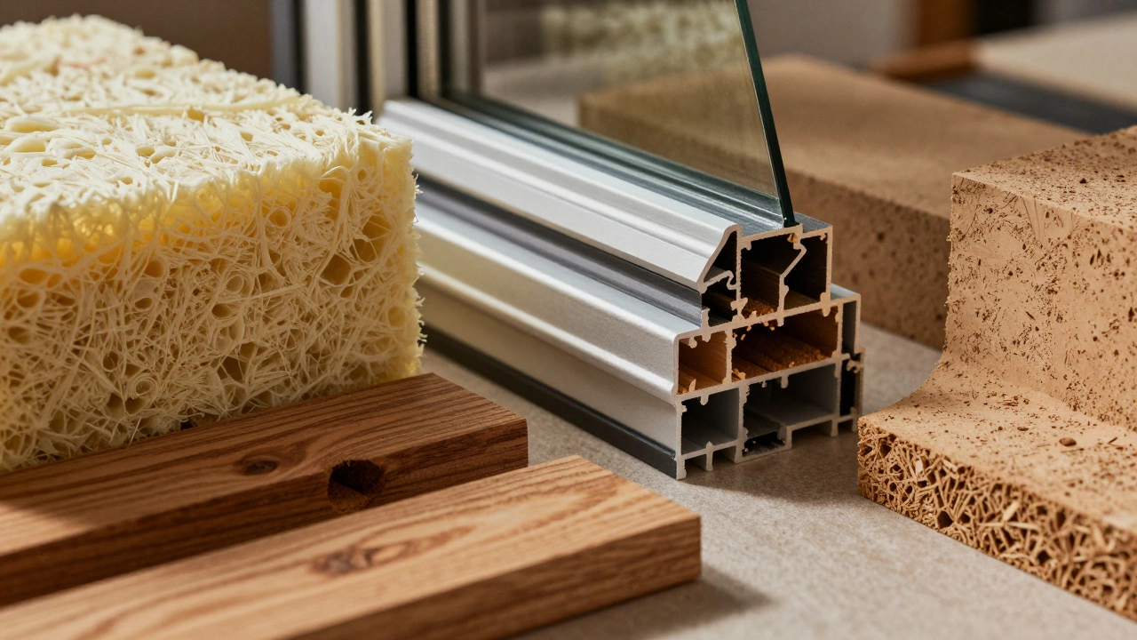 Close-up of sustainable building materials like timber, insulation, and glass sections