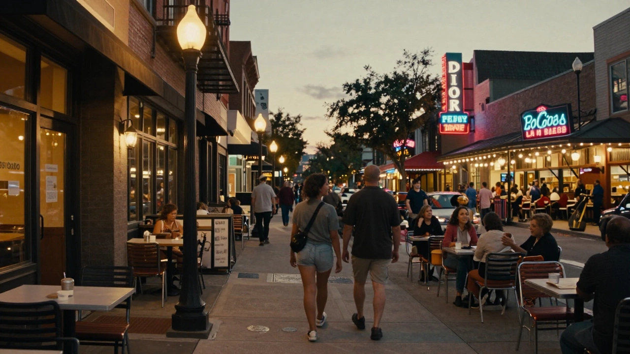 Couple leaving hotel to explore vibrant local restaurants at night
